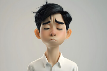 Sad unhappy upset Asian cartoon character young man male boy person wearing white shirt in 3d style design on light background. Human people feelings expression concept