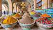 Middle East historical street with periodic buildings, small fruit, vegetables and spices shops and cafes