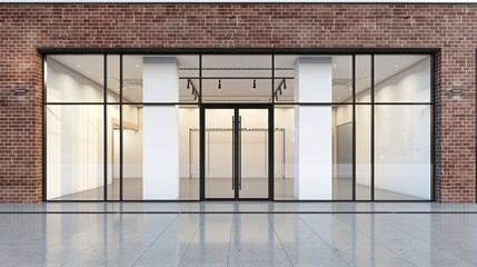 Poster - The exterior of the store, Office. Large transparent storefronts, Entrance through the glass doors of an empty room. The facade is made of red brick.