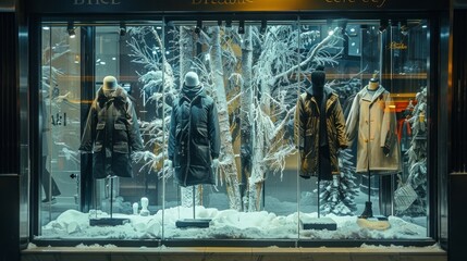 A window display of winter clothing with a tree in the background