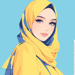 Wall Mural - Colorful vector illustration of minimal model girl wearing hijab, battoulah, bindi. Profile image of gorgeous fashionista anime female in abstract and minimal style. AI Generative