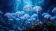 A surreal underwater scene with bioluminescent, poisonous sea mushrooms