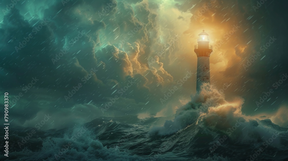 A vintage lighthouse standing tall against stormy seas, guiding ships ...