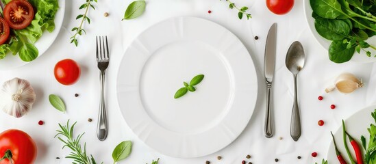 Wall Mural - Cutlery set, plate, and a blank invitation card are arranged in a flat lay style on a white background, surrounded by vegetables, herbs, and spices.