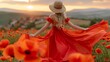 Woman poppy field red dress hat. Happy woman in a long red dress in a beautiful large poppy field. Blond stands with her back posing on a large field of red poppies.