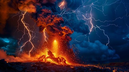Poster - A volcanic lightning storm illuminating the night sky above an erupting volcano, adding an electrifying element to the fiery display.