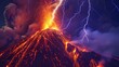 A volcanic lightning storm illuminating the night sky above an erupting volcano, adding an electrifying element to the fiery display.