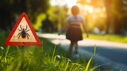 A child is walking near by lawn with a red and white triangle sign that says 