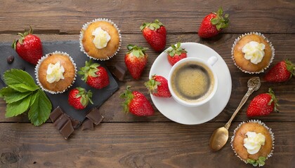 Wall Mural - muffins, strawberries and coffee on a brown wooden table