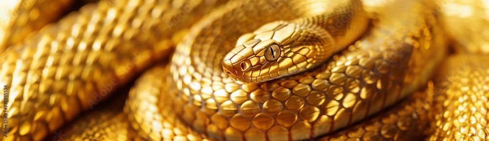 Close up golden snake with shiny scales, symbol of new 2025 year ...