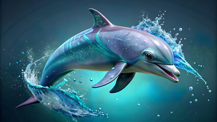 Wall Mural - A lively dolphin leaps over a splash of water, its dynamic movement captured against a blue-green background. The creature has a playful expression and the water droplets are frozen.AI generated.