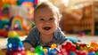 Adorable baby giggling while playing with colorful toys, their innocent joy captured in a heartwarming moment.