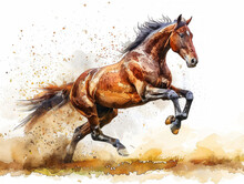 Illustrazione In Stile Acquerello Di Strepitoso Cavallo Marrone Da Salto Che Salta Un Ostacolo Molto Alto, Gare Equestri, Clip Art Di Cavallo In Stile Acquerello