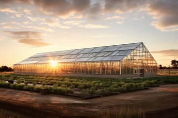 A Panoramic View of an Industrial Greenhouse at Sunset, Illuminated by the Warm Glow of the Setting Sun, Surrounded by Lush Fields