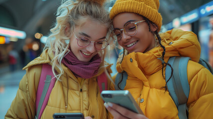 Young cheerful multiracial girlfriends looking at a mobile phone.