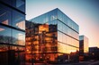 Modern Three-Tiered Office Block with Each Level Predominantly Made of Reflective Glass, Illuminated by the Setting Sun