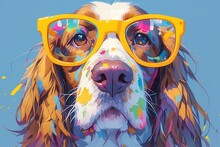 A Cocker Spaniel Dog With Yellow Glasses And A Colorful Paint Splash On Its Face On A White Background