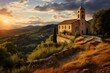 A Majestic Romanesque Church Standing Tall Amidst a Lush Green Landscape, Bathed in the Warm Glow of a Setting Sun