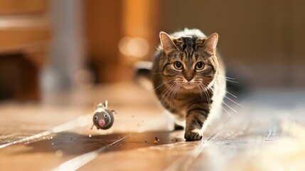 An overweight cat enthusiastically chasing after a toy mouse, exuding joy and excitement in every wobbly step.