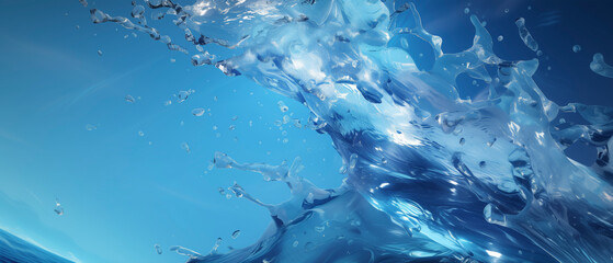 Poster - A splash of water on a blue background. splash is in middle of image and extends from left to right side. image has calming and serene mood, with water appearing to be in motion and blue color