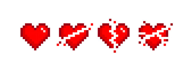 Poster - Vector pixel hearts with broken animation in retro 8-bit game style. Red pixel heart scale wasting lives in vintage video game. Brokern and explosion pixel heart	