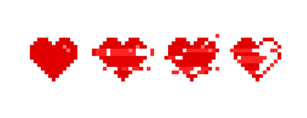 Poster - Vector Pixel Hearts icons set with glitch effect animation in retro 8-bit video game style - isolated vector on background	
