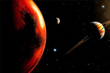 Generative Ai illustration of red planet in outer space of solar system. Terraforming of futuristic planet. Elements of fabulous fantastic concept. Cartoon illustration. Copy ad text space