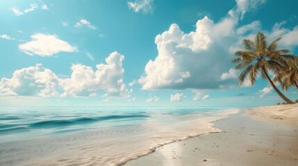 Wall Mural - Concept of Traveling to a Beautiful Tropical Beach with White Clouds