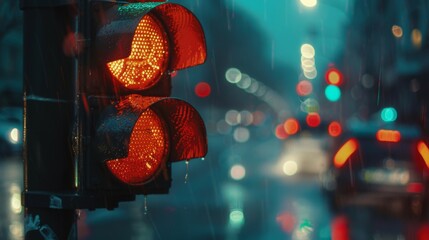 Poster - Close-up of a traffic light changing from red to green, signaling the ebb and flow of vehicles in the city.
