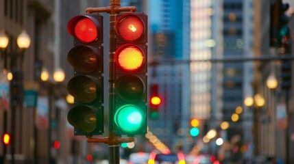 Poster - Close-up of a traffic light changing from red to green, signaling the ebb and flow of vehicles in the city.