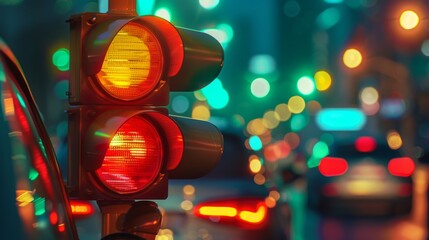 Poster - Close-up of a traffic light changing from red to green, signaling the ebb and flow of vehicles in the city.