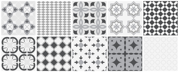 Collection of seamless geometric mosaic patterns - trendy monochrome tile textures. Decorative ornamental black and white backgrounds. Vector repeatable endless prints