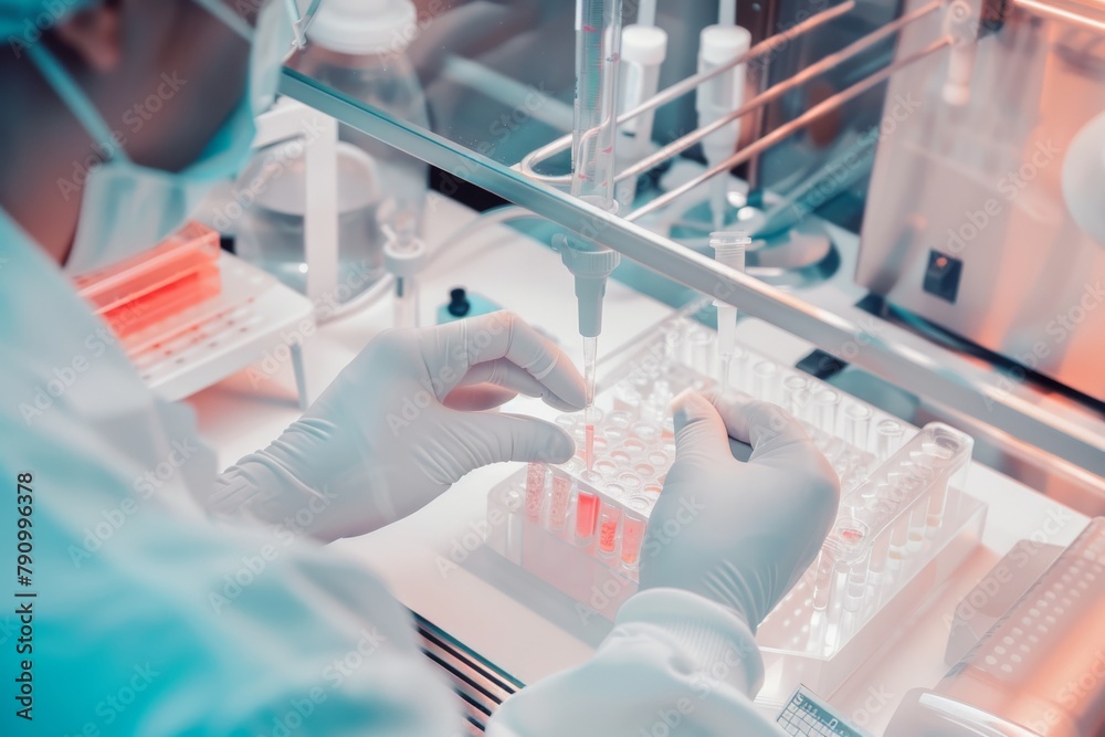 Scientist pipetting medical samples into microplate in laboratory Stock ...