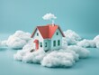 A house is floating on the clouds, with an ocean blue background Surreal illustration style 