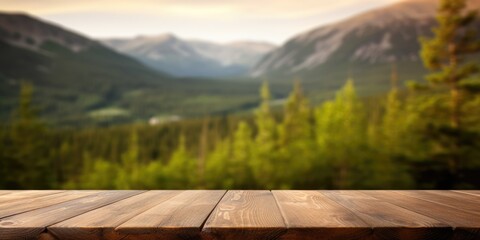 The empty wooden brown table top with blur background of Norway nature landscape. Exuberant image. generative AI