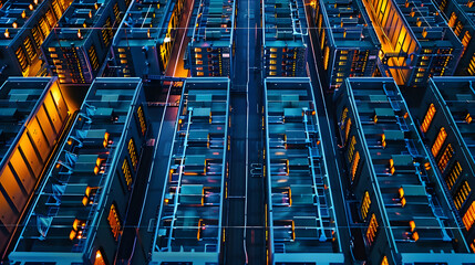 An aerial view of a data center, with rows of servers dedicated to cloud computing services