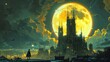Mysterious man contemplates a futuristic, dystopian cityscape under a golden moon
