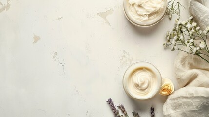 Wall Mural - Composition of moisturizing cream in open jar and body care products arranged on light textured table Room for text