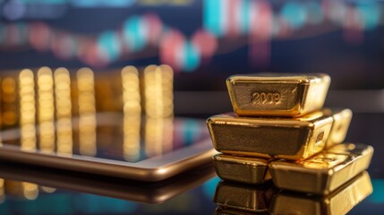 Poster - Gold bullion bars stacked neatly on a desk with a tablet displaying real-time market data in the background.