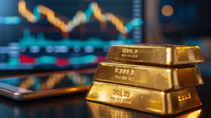 Poster - Gold bullion bars stacked neatly on a desk with a tablet displaying real-time market data in the background.