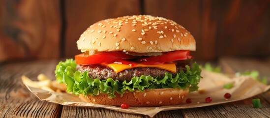 Wall Mural - Tasty burger on a wooden surface