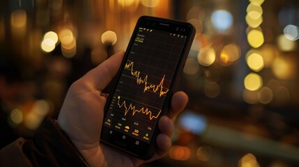 Aufkleber - Hand holding a smartphone displaying a line graph illustrating changes in gold prices over time.