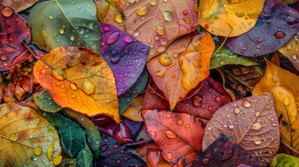 Aufkleber - Rain-splattered leaves in a variety of vibrant hues, showcasing nature's resilience and beauty in the rain.