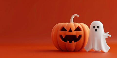 Halloween day, 3D Orange Pumpkin with Scary Face and White Funny Ghost on Orange Background with Copy Space