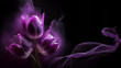 Abstrakcyjne kwiaty fioletowe tulipany, czarne tło, puste miejsce na tekst