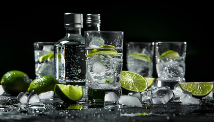 Bottle and glasses of vodka with lime on black background