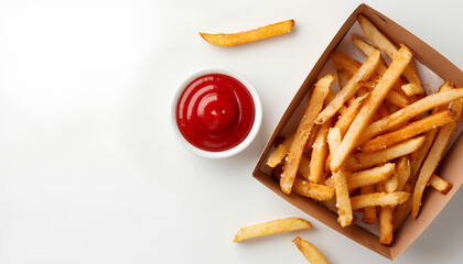 Wall Mural - Paper box with tasty french fries and bowl of ketchup on white background