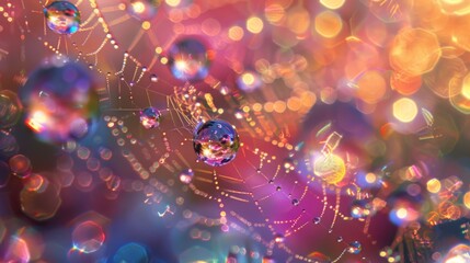Poster - Water droplets clinging to a spider's web, refracting light and creating a dazzling display of shimmering colors in a dewy morning.