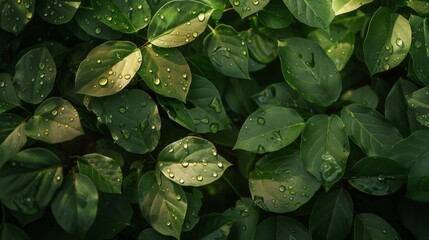 Poster - Wet leaves in various shades of green, illuminated by the soft glow of rain-filtered sunlight.