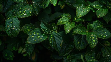 Poster - Wet leaves in various shades of green, illuminated by the soft glow of rain-filtered sunlight.